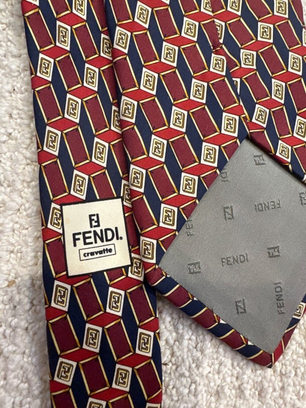 Fendi Mens Silk Tie With Geometric Red & Navy Pattern Made In Italy